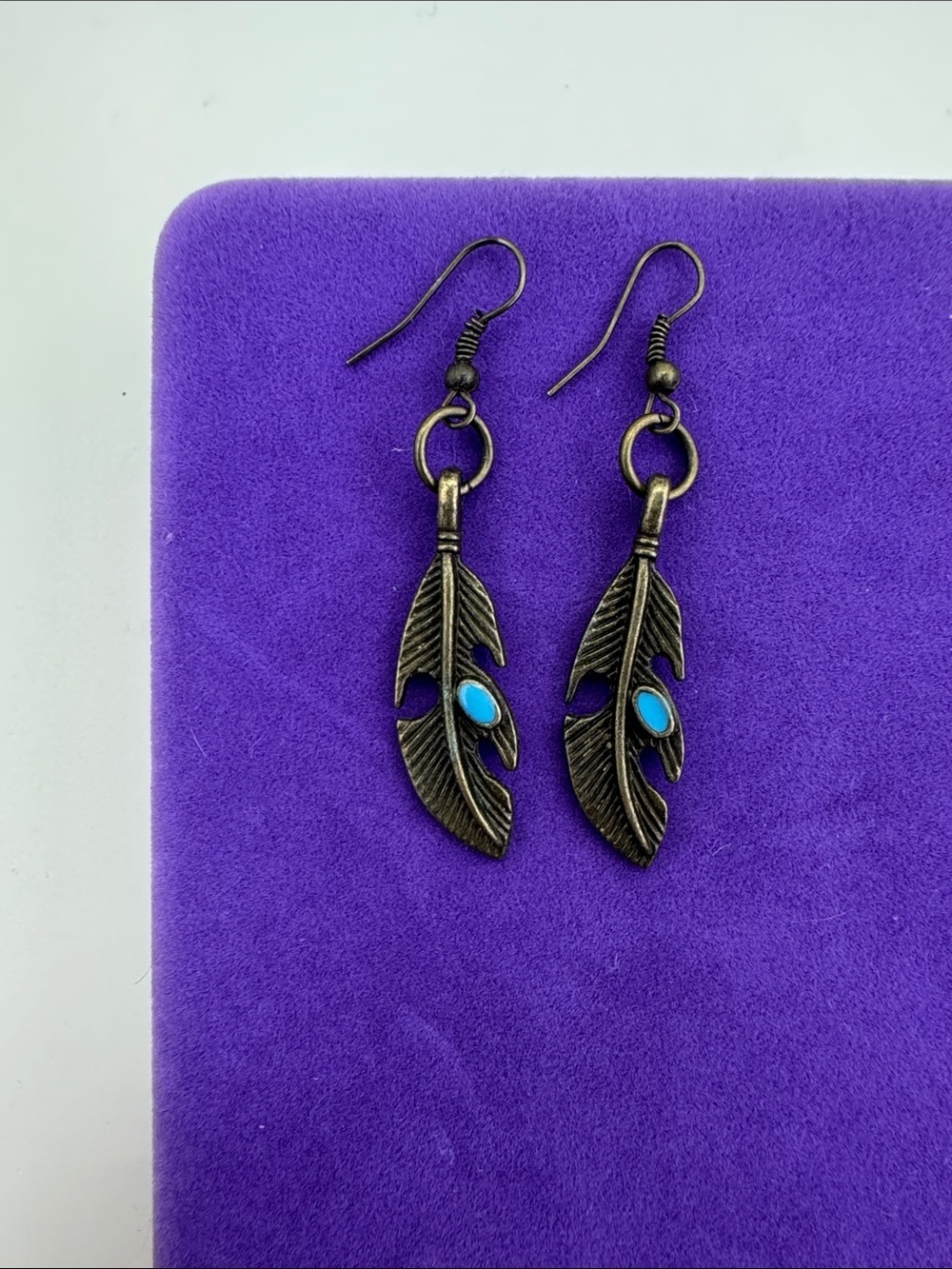 ๐ Boho Turquoise Enamel Accent Bronze Feather Drop Earrings